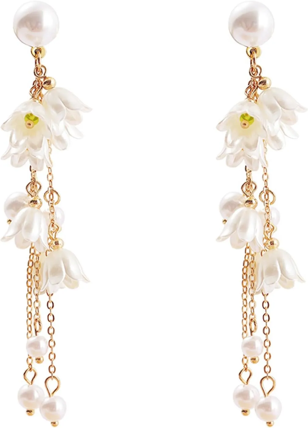 Bell Orchid Flower Earrings Gold Plated White Lily of the Valley Flowers Simulated Pearl Long Tassel Dangle Drop Earrings for Women Wedding Bridal Christmas Party Summer Holiday Jewelry Gifts