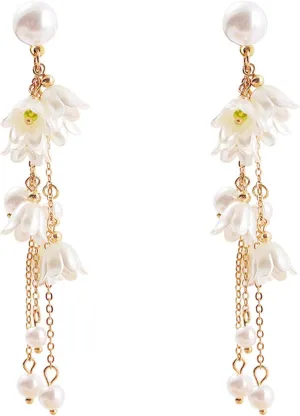 Bell Orchid Flower Earrings Gold Plated White Lily of the Valley Flowers Simulated Pearl Long Tassel Dangle Drop Earrings for Women Wedding Bridal Christmas Party Summer Holiday Jewelry Gifts