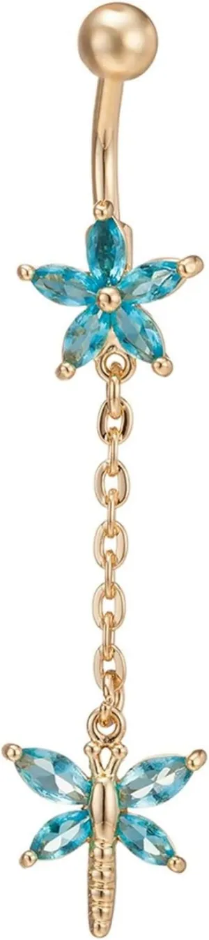 Belly Rings for Women, Belly Rings Dangle Navel Rings Surgical Steel Long Flower Dragonfly Cubic Zirconia Belly Button Piercing Jewelry