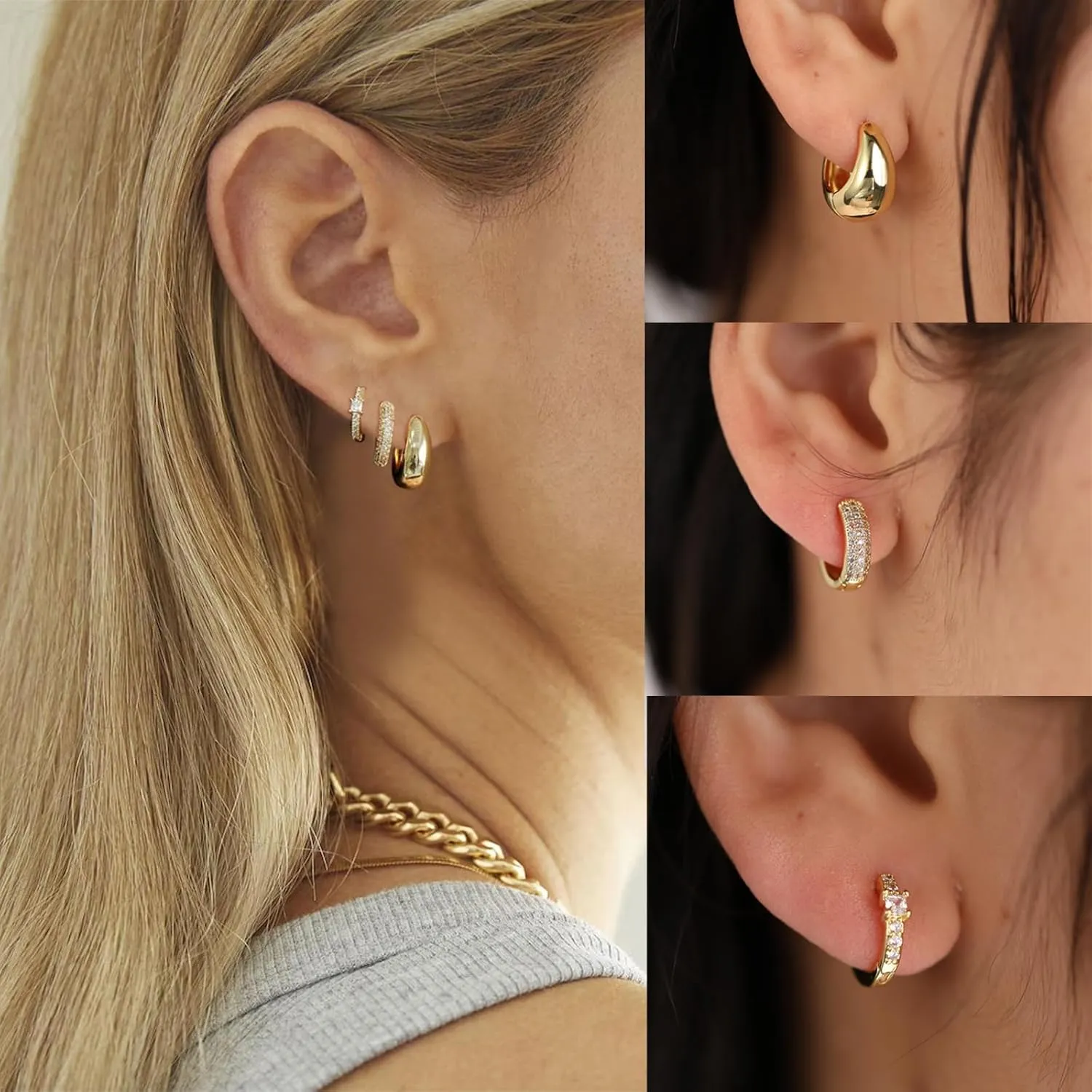 BERISO Gold Hoop Earrings Set for Women,14K Gold Plated Huggie Hoop Earrings Cubic Zirconia Small Earring CZ Spiral Earrings for Women