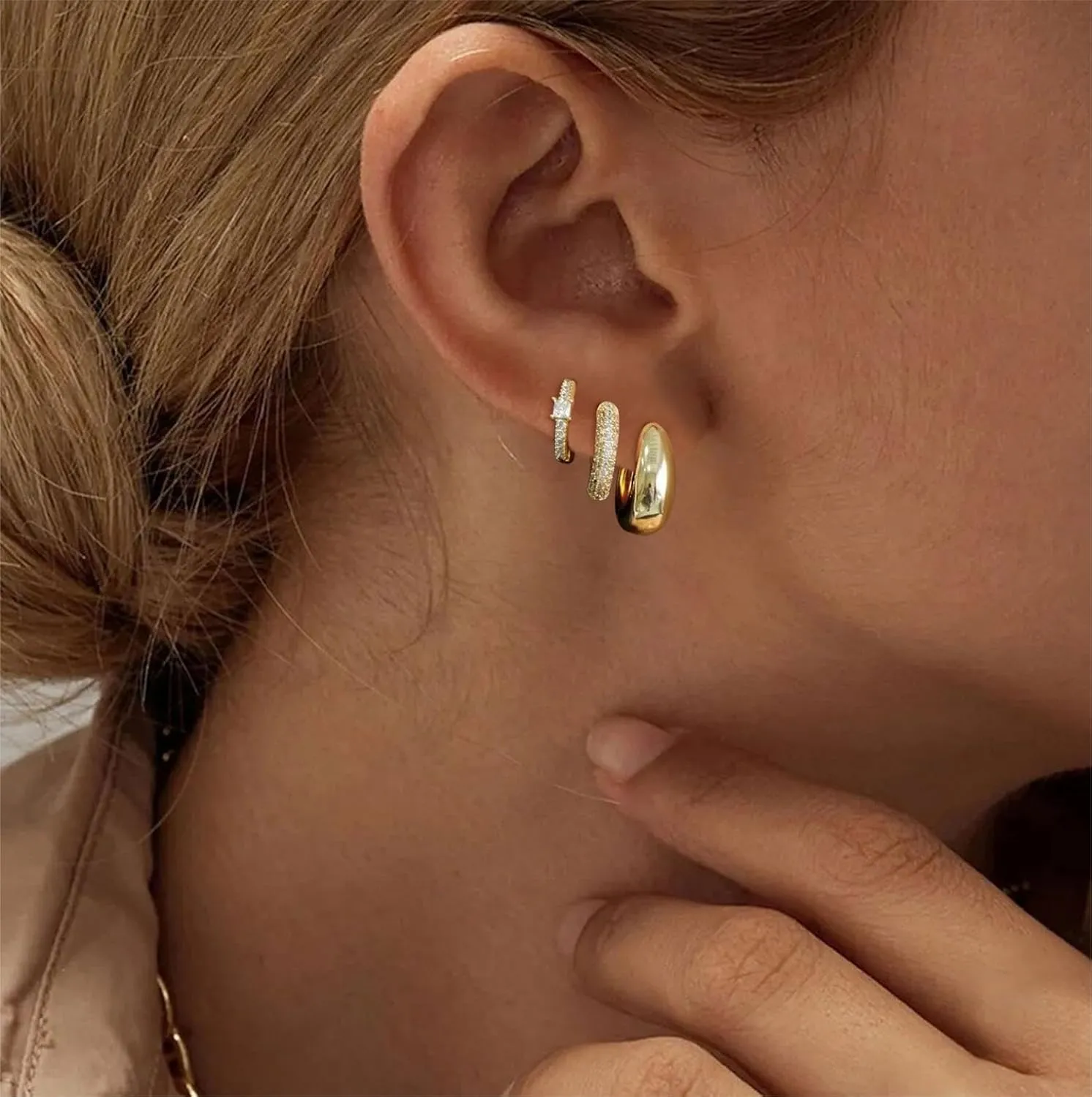 BERISO Gold Hoop Earrings Set for Women,14K Gold Plated Huggie Hoop Earrings Cubic Zirconia Small Earring CZ Spiral Earrings for Women