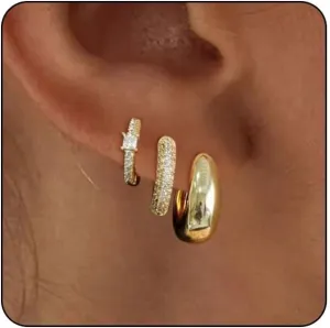 BERISO Gold Hoop Earrings Set for Women,14K Gold Plated Huggie Hoop Earrings Cubic Zirconia Small Earring CZ Spiral Earrings for Women