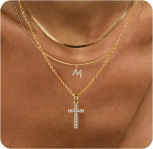BERISO Gold Layered Initial Cross Necklace, 14K Gold Plated Diamond Initial Cross Pendant Necklace from A-Z Adjustable Layering Choker Necklaces for Women Jewelry Gifts