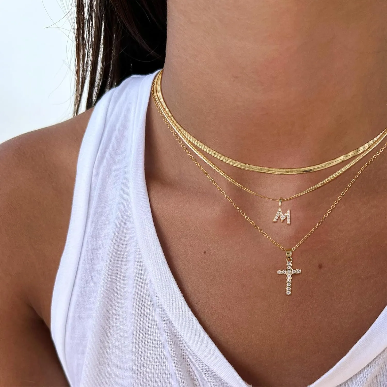 BERISO Gold Layered Initial Cross Necklace, 14K Gold Plated Diamond Initial Cross Pendant Necklace from A-Z Adjustable Layering Choker Necklaces for Women Jewelry Gifts