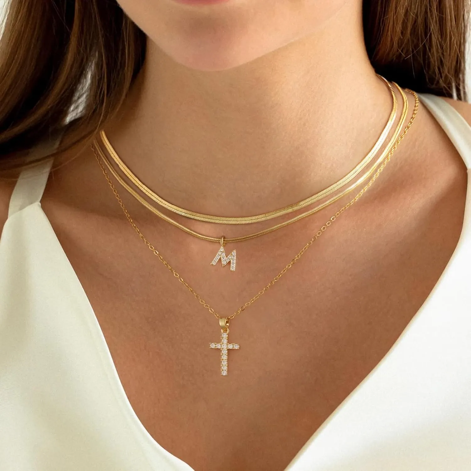 BERISO Gold Layered Initial Cross Necklace, 14K Gold Plated Diamond Initial Cross Pendant Necklace from A-Z Adjustable Layering Choker Necklaces for Women Jewelry Gifts