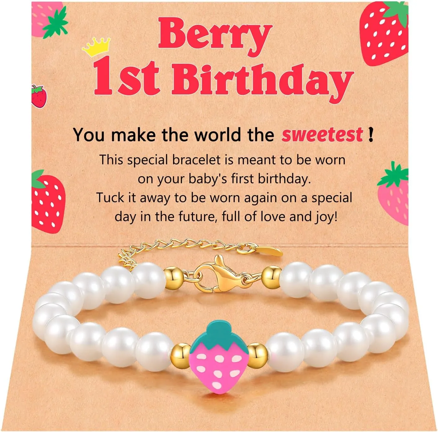 Berry First Birthday Gifts, Adjustable Strawberry Pearls Bracelet for Daughter Niece Granddaughter
