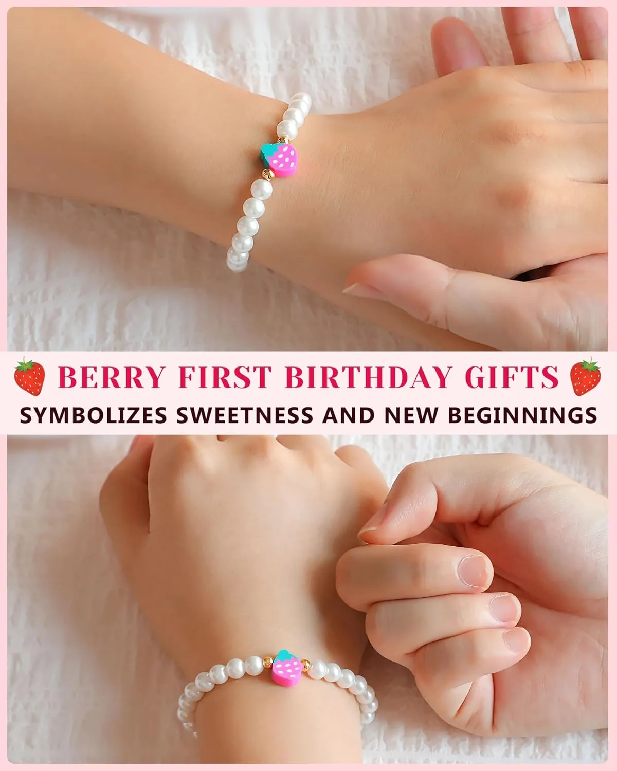 Berry First Birthday Gifts, Adjustable Strawberry Pearls Bracelet for Daughter Niece Granddaughter