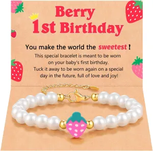 Berry First Birthday Gifts, Adjustable Strawberry Pearls Bracelet for Daughter Niece Granddaughter