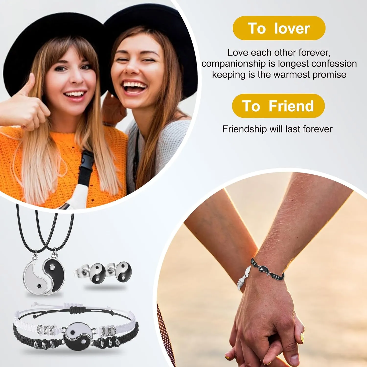 Best Friend Bracelets for 2 Matching Yin Yang Adjustable Cord Bracelet for Bff Friendship Relationship Boyfriend Girlfriend Valentines Gift