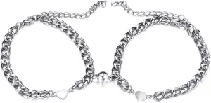 Best Friend Necklaces Adjustable Chain Bracelet, 1 Pair Couple Bracelets Solid Color Smooth Edge Polished Matching Heart Pendant Couple Hand Chain Jewelry Gift for BFF Friendship Couples Silver