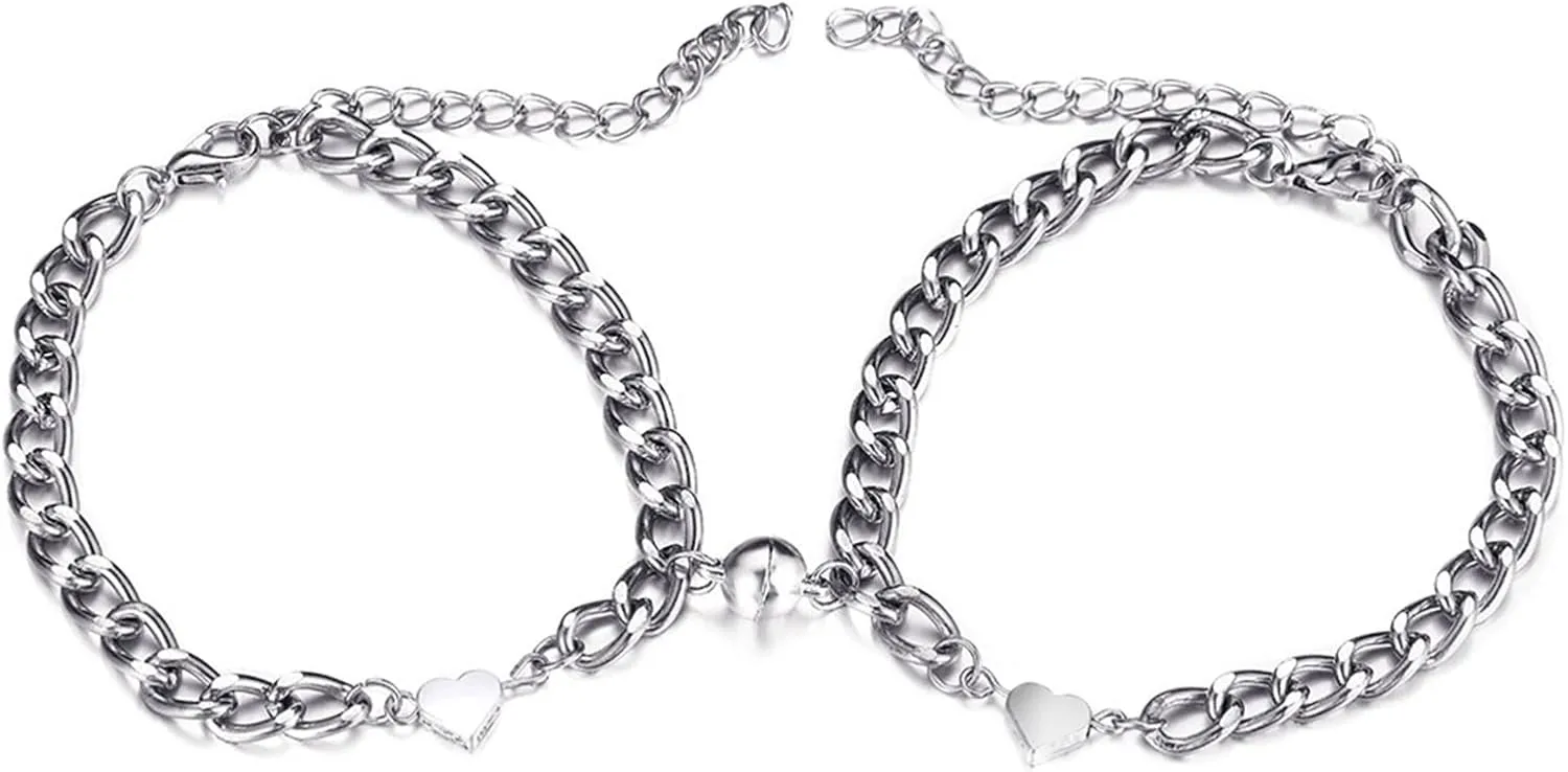 Best Friend Necklaces Adjustable Chain Bracelet, 1 Pair Couple Bracelets Solid Color Smooth Edge Polished Matching Heart Pendant Couple Hand Chain Jewelry Gift for BFF Friendship Couples Silver