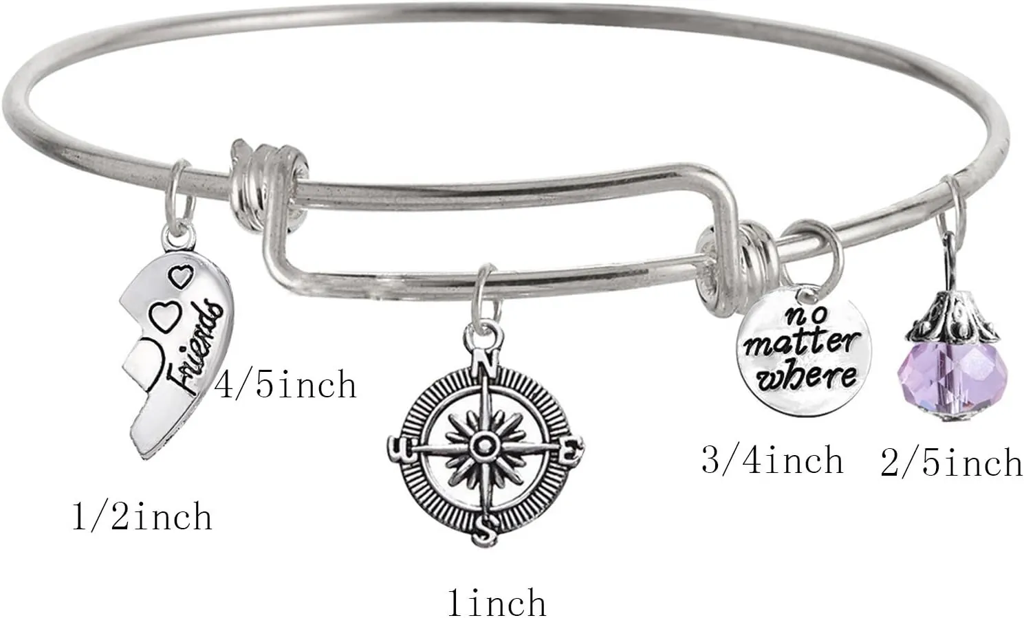 Best Friends No Matter Where Compass Bracelet Set Heart,Best Friend 2 Piece Half Broken Heart BraceletExpandable Wire Bangle Bracelets