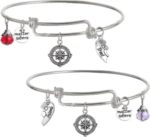 Best Friends No Matter Where Compass Bracelet Set Heart,Best Friend 2 Piece Half Broken Heart BraceletExpandable Wire Bangle Bracelets