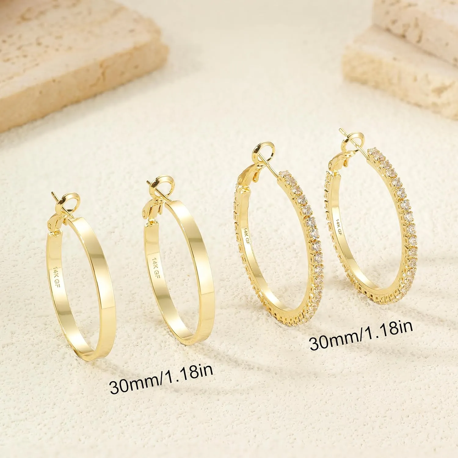 BESTEEL 2 Pairs 14K Gold Hoop Earrings for Women Hypoallergenic Sterling Silver Big Large Gold Hoops Set Thin Rhinestone Earrings Pack Lightweight 30/40/50/60/70mm