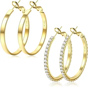 BESTEEL 2 Pairs 14K Gold Hoop Earrings for Women Hypoallergenic Sterling Silver Big Large Gold Hoops Set Thin Rhinestone Earrings Pack Lightweight 30/40/50/60/70mm