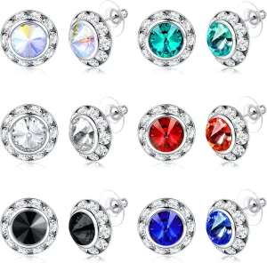 BESTEEL 6/12 Pairs Hypoallergenic Dance Competition Earrings for Women Shiny Rhinestone Stud Earrings Set Acrylic Halo Crystal Stud Earrings Multicolor for Stage Opera Performance Party 15mm