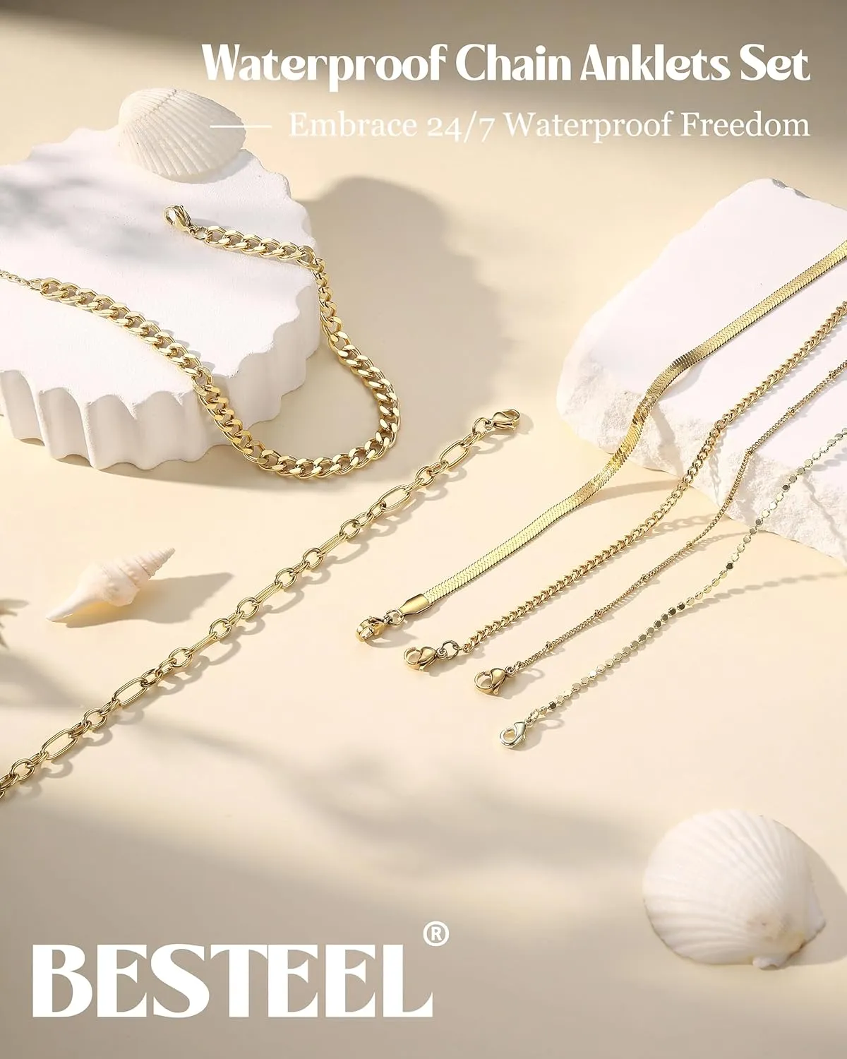 Besteel 6PCS Gold Ankle Bracelets for Women Waterproof-14K Gold Plated Anklets for Women Non Tarnish Hypoallergenic Stainless Steel Cuban Link Chain Anklet Set Layered Beach Jewelry Gift Adjustable