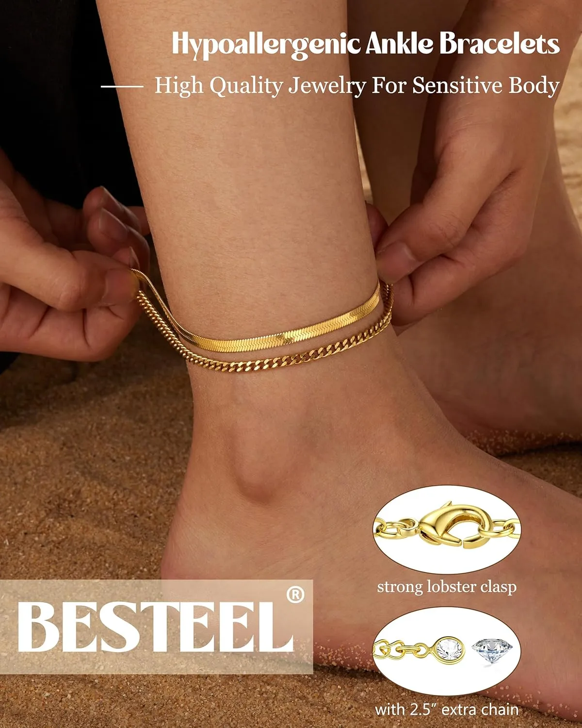 Besteel 6PCS Gold Ankle Bracelets for Women Waterproof-14K Gold Plated Anklets for Women Non Tarnish Hypoallergenic Stainless Steel Cuban Link Chain Anklet Set Layered Beach Jewelry Gift Adjustable