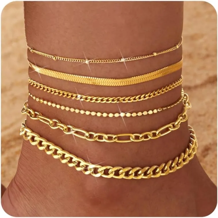 Besteel 6PCS Gold Ankle Bracelets for Women Waterproof-14K Gold Plated Anklets for Women Non Tarnish Hypoallergenic Stainless Steel Cuban Link Chain Anklet Set Layered Beach Jewelry Gift Adjustable