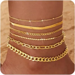 Besteel 6PCS Gold Ankle Bracelets for Women Waterproof-14K Gold Plated Anklets for Women Non Tarnish Hypoallergenic Stainless Steel Cuban Link Chain Anklet Set Layered Beach Jewelry Gift Adjustable