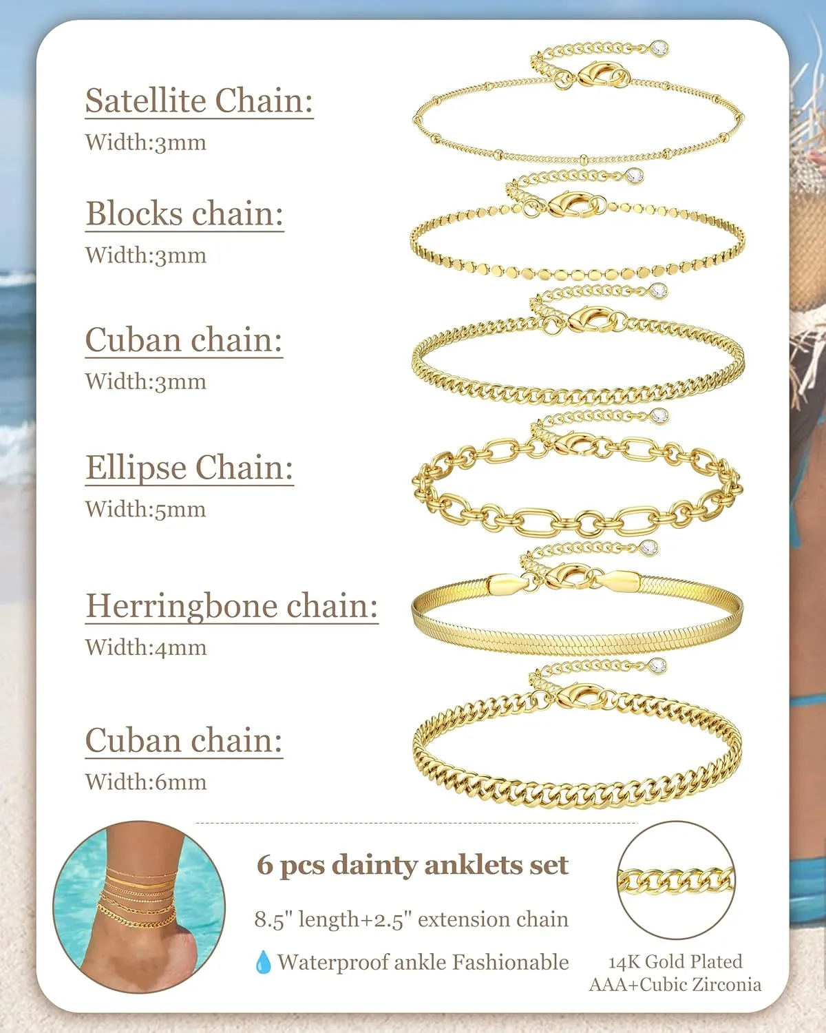 Besteel 6PCS Gold Ankle Bracelets for Women Waterproof-14K Gold Plated Anklets for Women Non Tarnish Hypoallergenic Stainless Steel Cuban Link Chain Anklet Set Layered Beach Jewelry Gift Adjustable