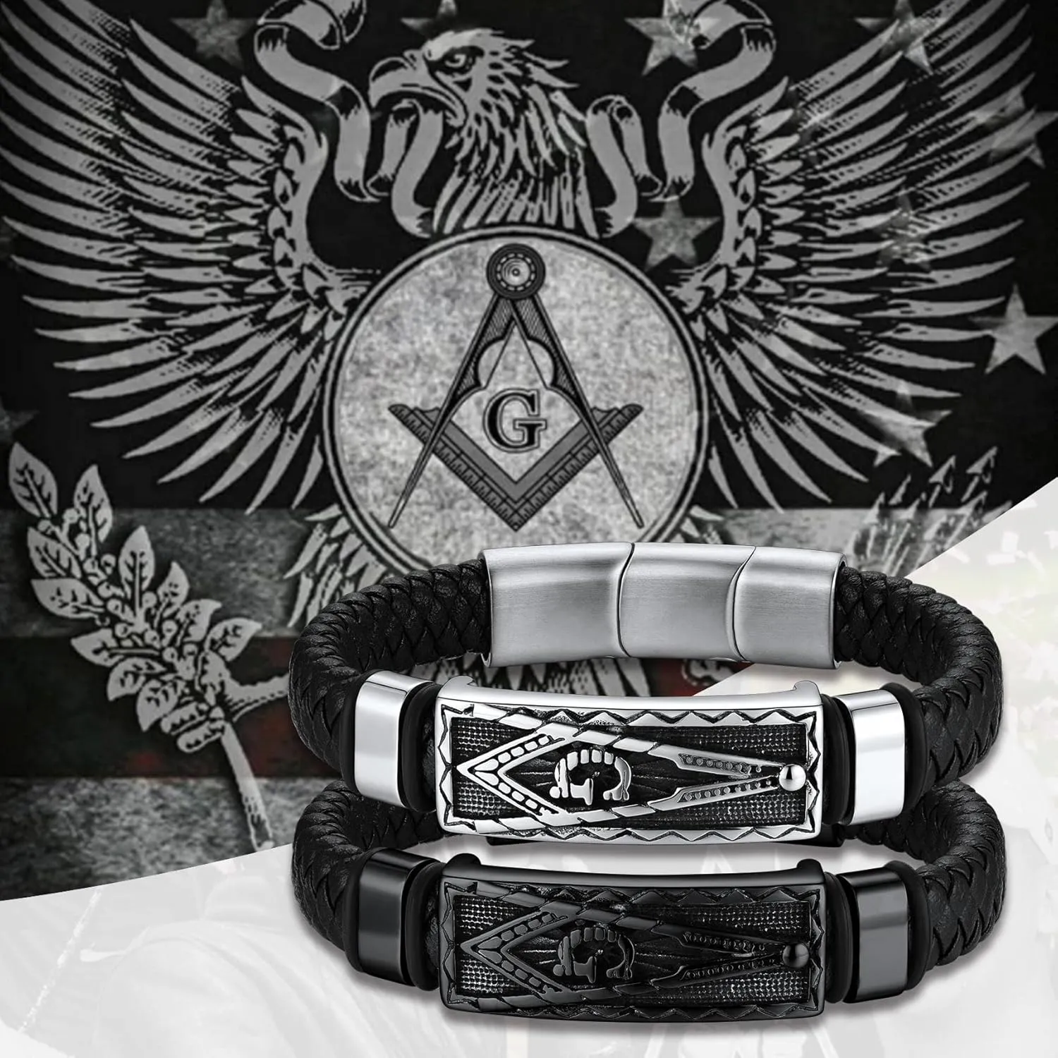 Bestyle Genuine Leather Braided Viking Bracelets for Men Boys, Vintage Thor's Hammer/Skull/Masonic Freemason Wrap Cuff Wirstband Bracelets with Closure