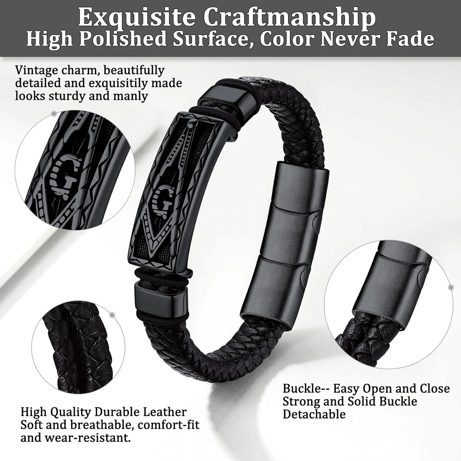 Bestyle Genuine Leather Braided Viking Bracelets for Men Boys, Vintage Thor's Hammer/Skull/Masonic Freemason Wrap Cuff Wirstband Bracelets with Closure