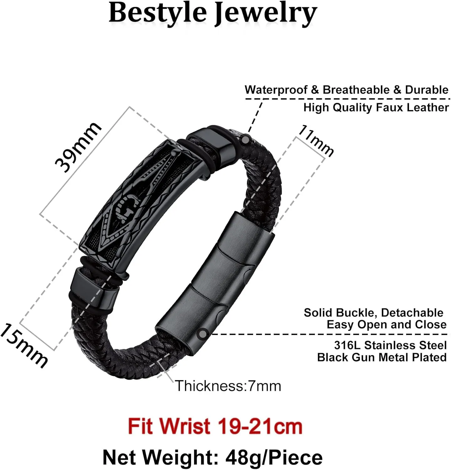 Bestyle Genuine Leather Braided Viking Bracelets for Men Boys, Vintage Thor's Hammer/Skull/Masonic Freemason Wrap Cuff Wirstband Bracelets with Closure