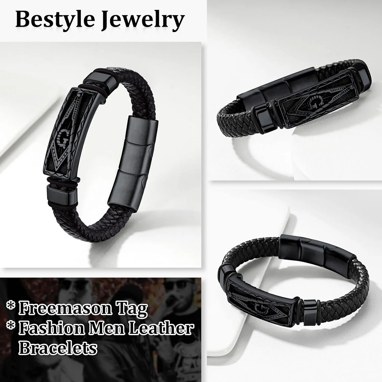 Bestyle Genuine Leather Braided Viking Bracelets for Men Boys, Vintage Thor's Hammer/Skull/Masonic Freemason Wrap Cuff Wirstband Bracelets with Closure