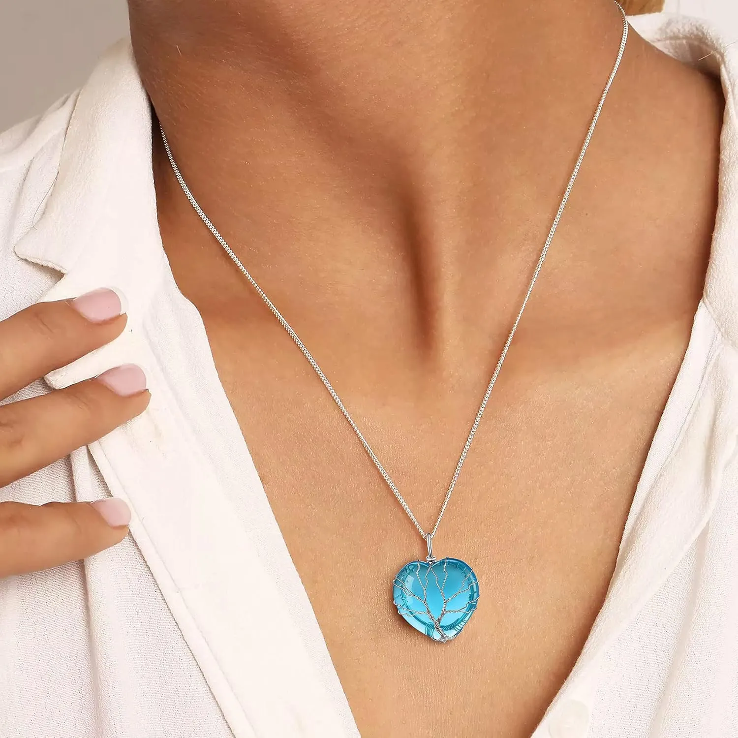 Bestyle Tree of Life Wrapped Healing Crystal Necklaces 12 Month Birthstone Pendant for Women, Crescent/Heart Gemstone Jewelry, Vintage Birthday Gifts/Energy Gift