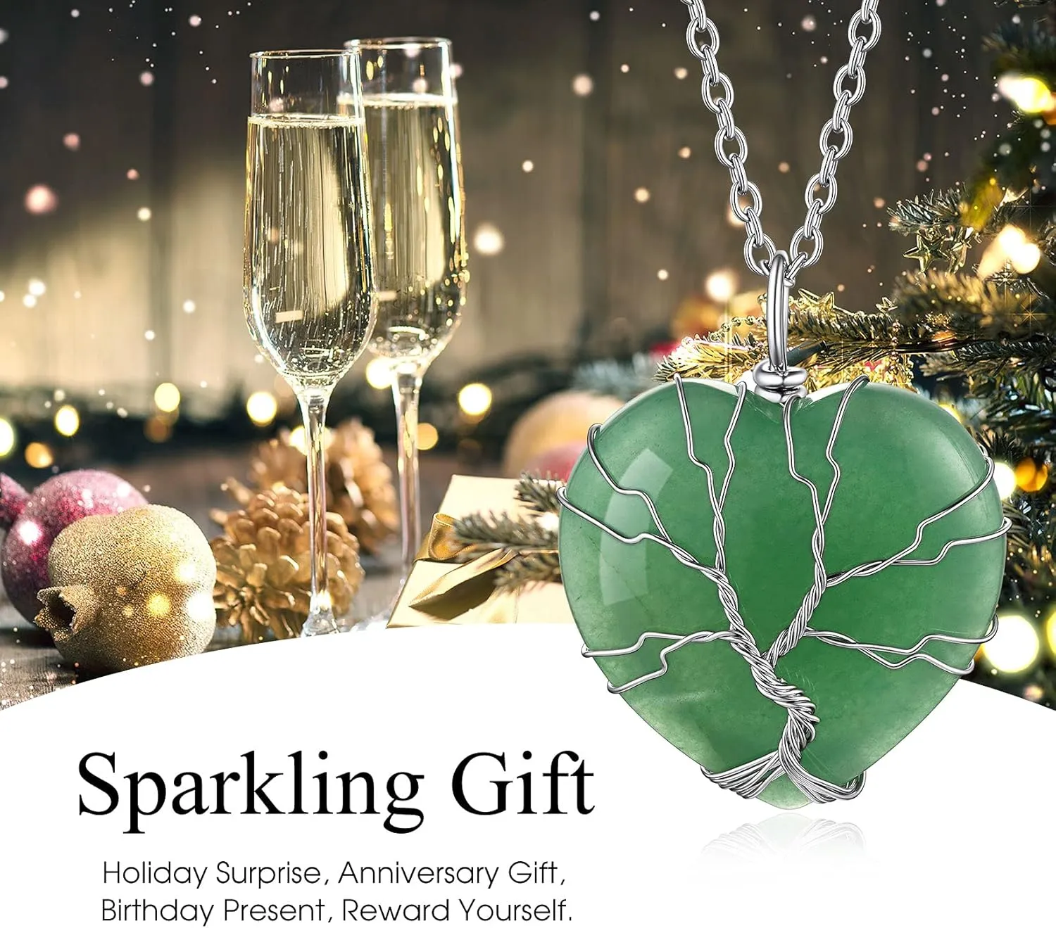 Bestyle Tree of Life Wrapped Healing Crystal Necklaces 12 Month Birthstone Pendant for Women, Crescent/Heart Gemstone Jewelry, Vintage Birthday Gifts/Energy Gift