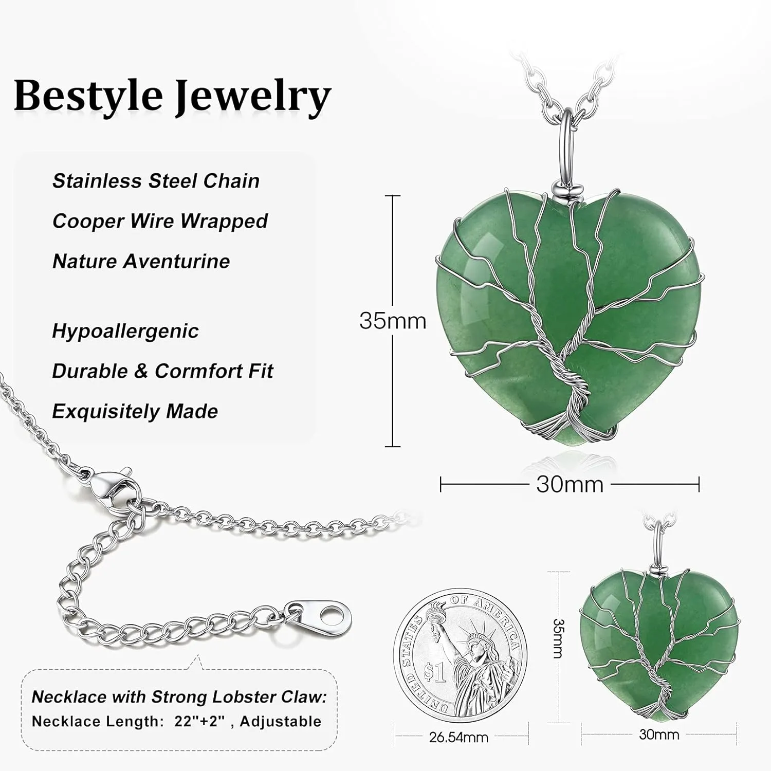 Bestyle Tree of Life Wrapped Healing Crystal Necklaces 12 Month Birthstone Pendant for Women, Crescent/Heart Gemstone Jewelry, Vintage Birthday Gifts/Energy Gift