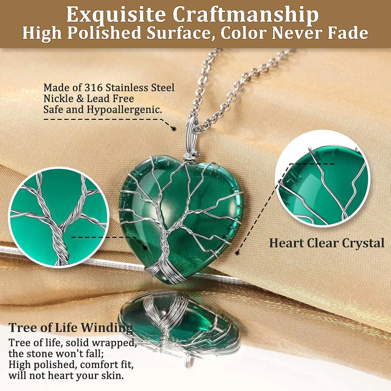 Bestyle Tree of Life Wrapped Healing Crystal Necklaces 12 Month Birthstone Pendant for Women, Crescent/Heart Gemstone Jewelry, Vintage Birthday Gifts/Energy Gift