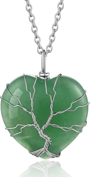 Bestyle Tree of Life Wrapped Healing Crystal Necklaces 12 Month Birthstone Pendant for Women, Crescent/Heart Gemstone Jewelry, Vintage Birthday Gifts/Energy Gift