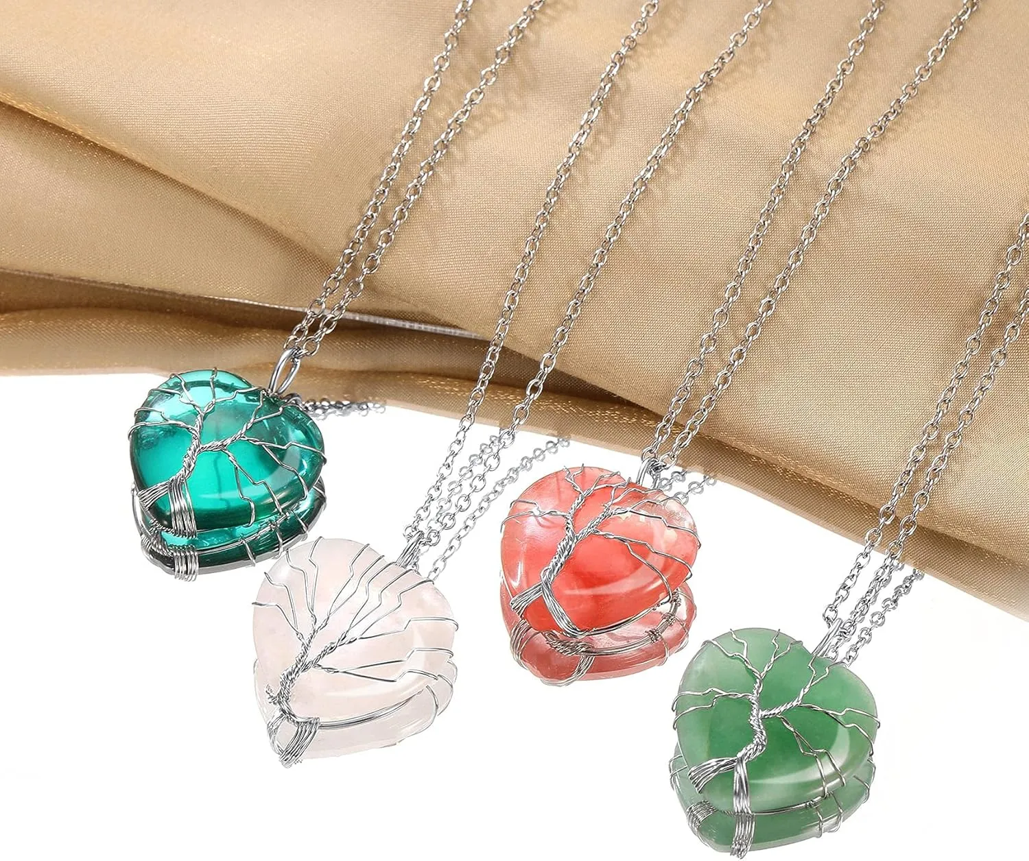 Bestyle Tree of Life Wrapped Healing Crystal Necklaces 12 Month Birthstone Pendant for Women, Crescent/Heart Gemstone Jewelry, Vintage Birthday Gifts/Energy Gift
