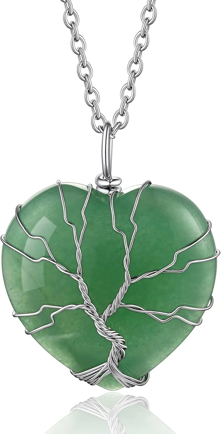 Bestyle Tree of Life Wrapped Healing Crystal Necklaces 12 Month Birthstone Pendant for Women, Crescent/Heart Gemstone Jewelry, Vintage Birthday Gifts/Energy Gift
