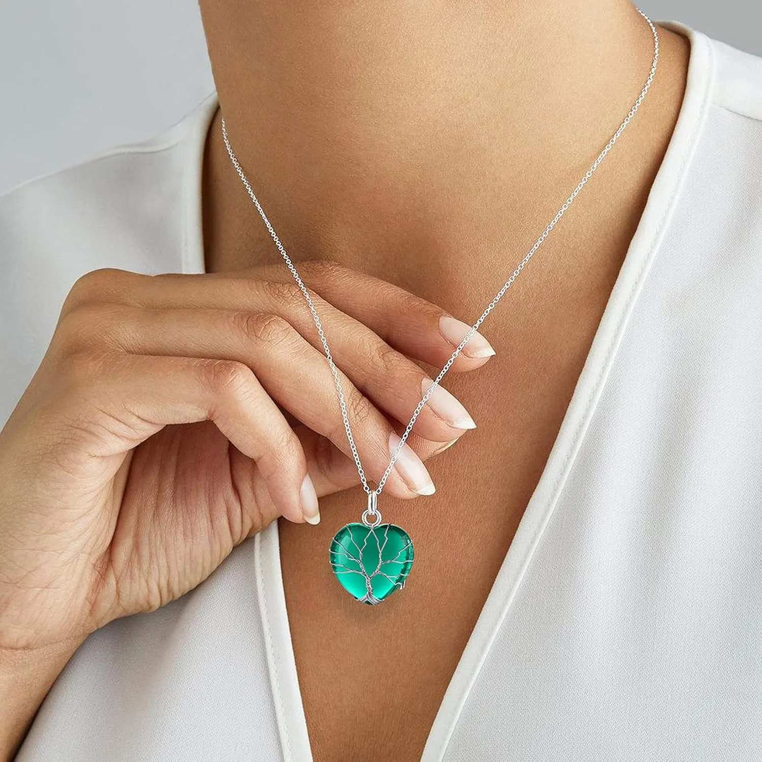 Bestyle Tree of Life Wrapped Healing Crystal Necklaces 12 Month Birthstone Pendant for Women, Crescent/Heart Gemstone Jewelry, Vintage Birthday Gifts/Energy Gift