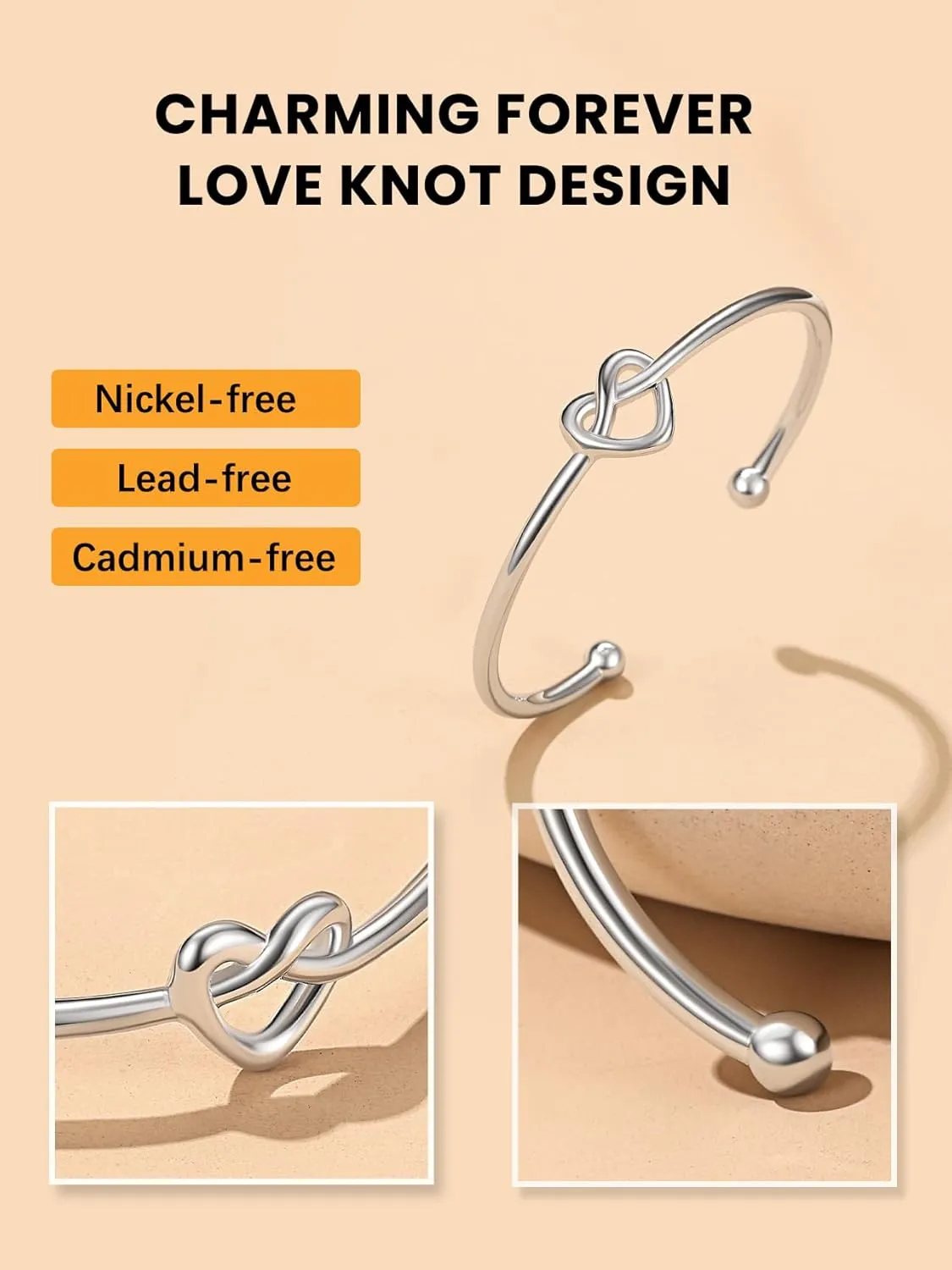 Bestyle True Love Knot Bracelets for Women, Silver/Black/Rose Gold/Gold Bracelets Adjustable Bangle Bracelets, Love Statement Jewelry for Mom Wife Fiancee