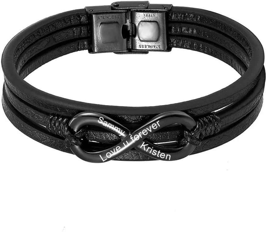 Black Leather Bracelet for Men Personalized Infinity Knot Leather Braid Bracelet To My Son from Mom and Dad Promise Bracelets to My Men Fathers Day Bracelet for Dad Husband Grandpa 7.4"/8.2"/9"