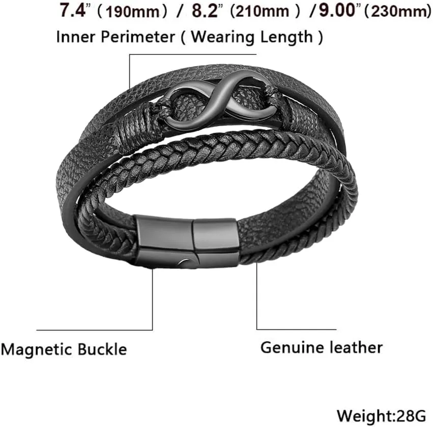 Black Leather Bracelet for Men Personalized Infinity Knot Leather Braid Bracelet To My Son from Mom and Dad Promise Bracelets to My Men Fathers Day Bracelet for Dad Husband Grandpa 7.4"/8.2"/9"