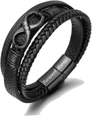Black Leather Bracelet for Men Personalized Infinity Knot Leather Braid Bracelet To My Son from Mom and Dad Promise Bracelets to My Men Fathers Day Bracelet for Dad Husband Grandpa 7.4"/8.2"/9"