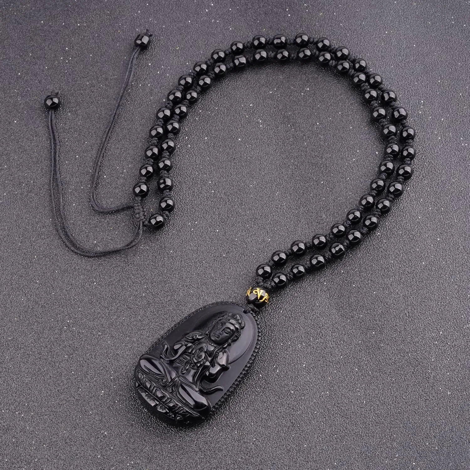 Black Obsidian Necklace Lucky Amulet Protection Pendant with Extended Bead Chain Healing Crystal Stone Talisman Necklaces Jewelry