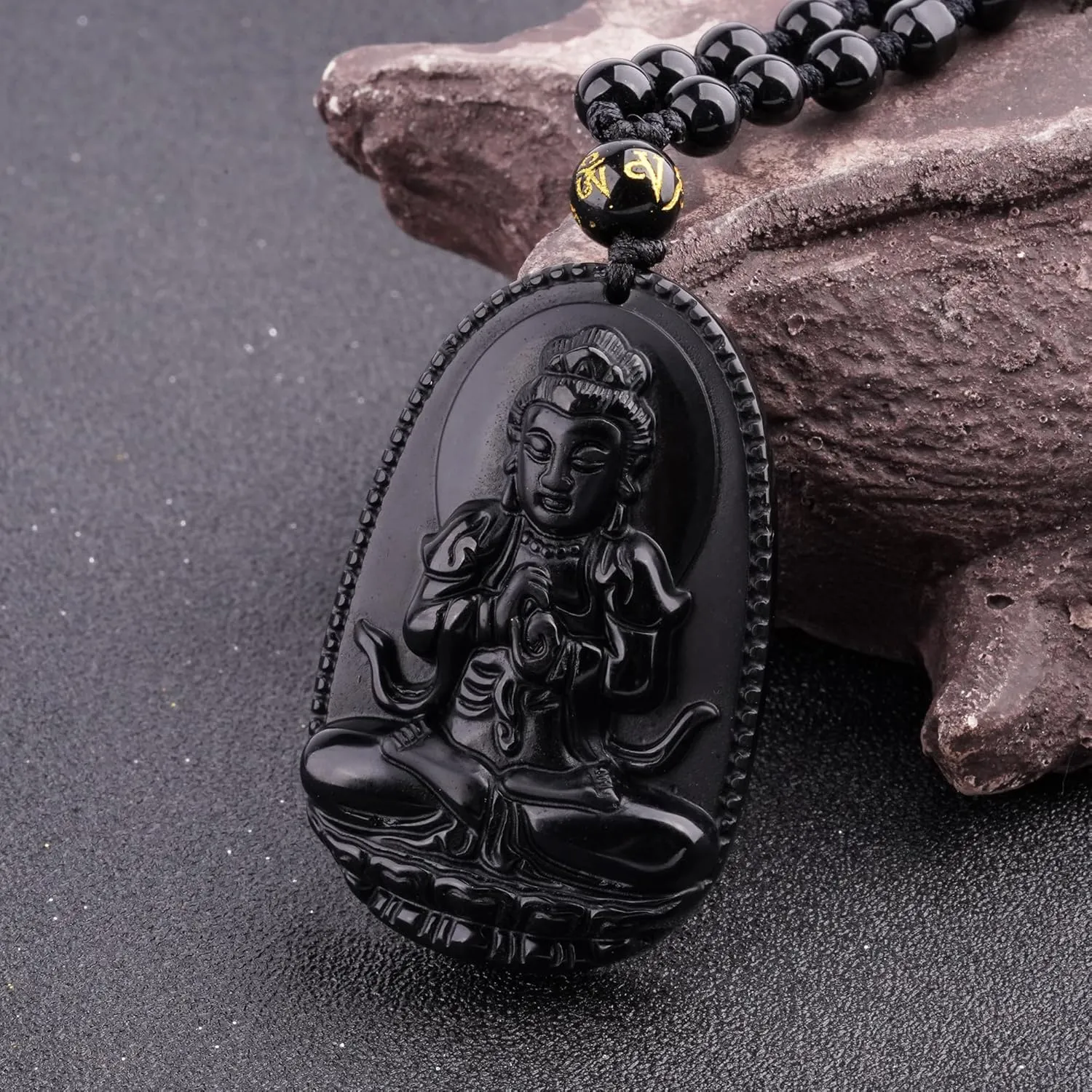 Black Obsidian Necklace Lucky Amulet Protection Pendant with Extended Bead Chain Healing Crystal Stone Talisman Necklaces Jewelry