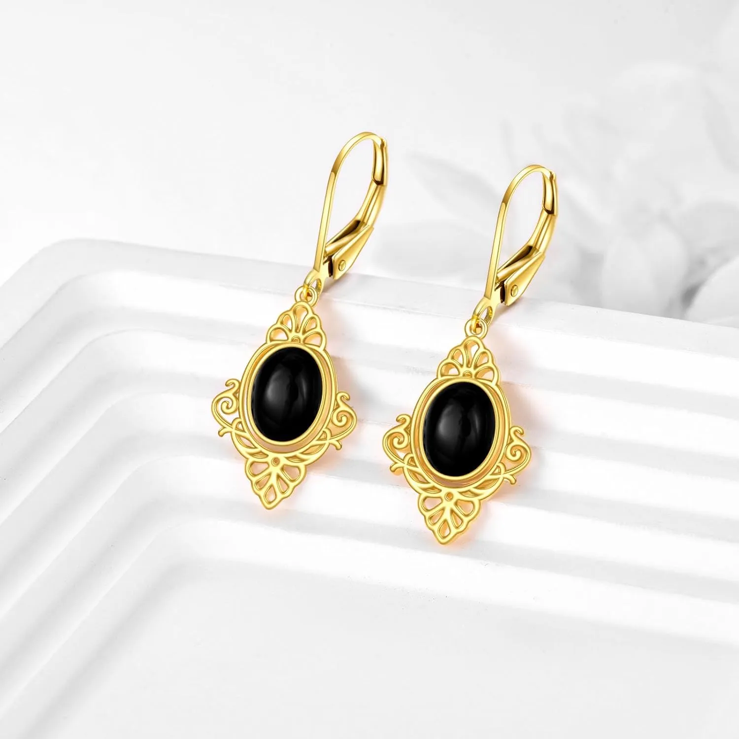 Black Onyx Earrings Sterling Silver 18K Yellow Gold Plated Filigree Boho Dangle Earrings Jewelry Gifts for Women Girls