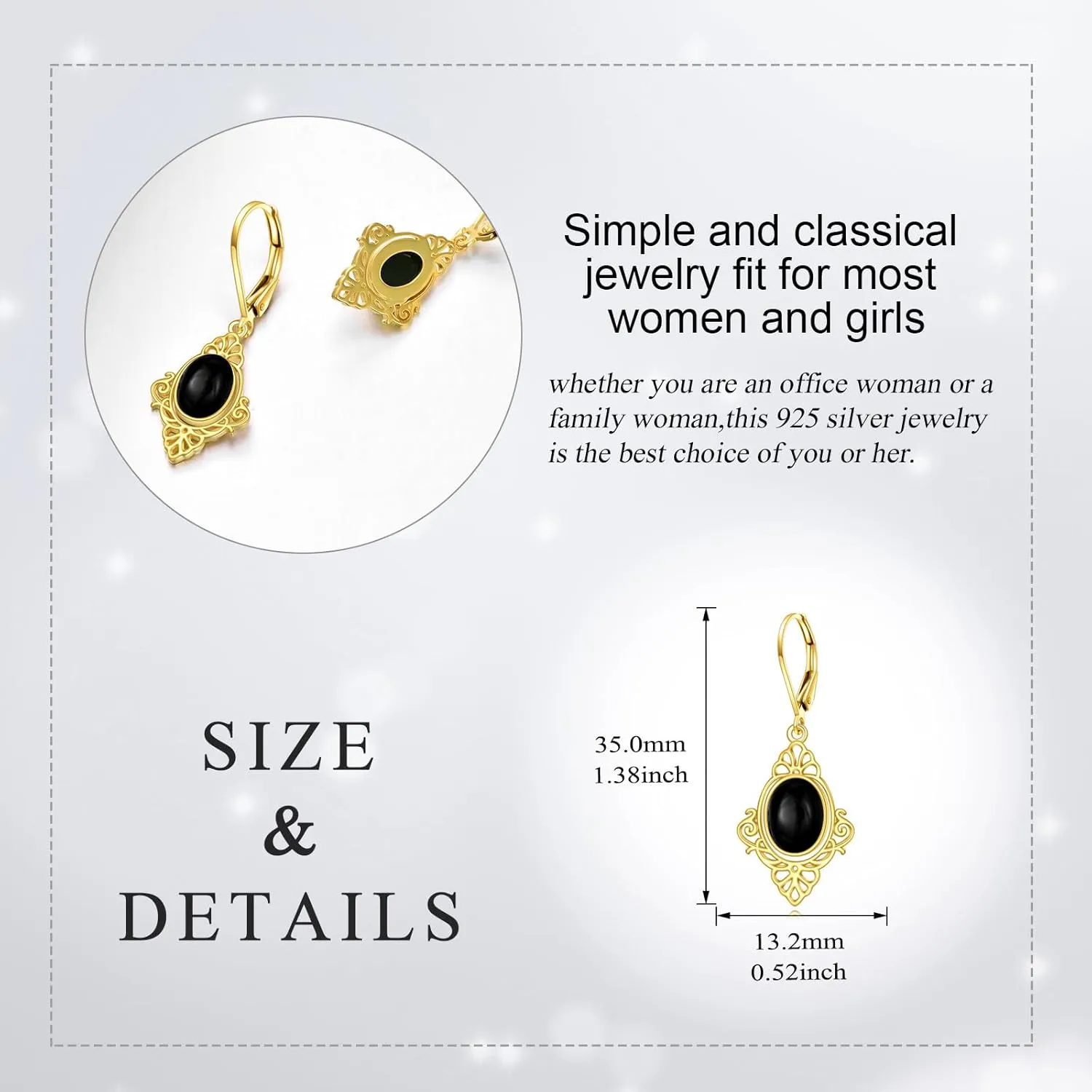 Black Onyx Earrings Sterling Silver 18K Yellow Gold Plated Filigree Boho Dangle Earrings Jewelry Gifts for Women Girls