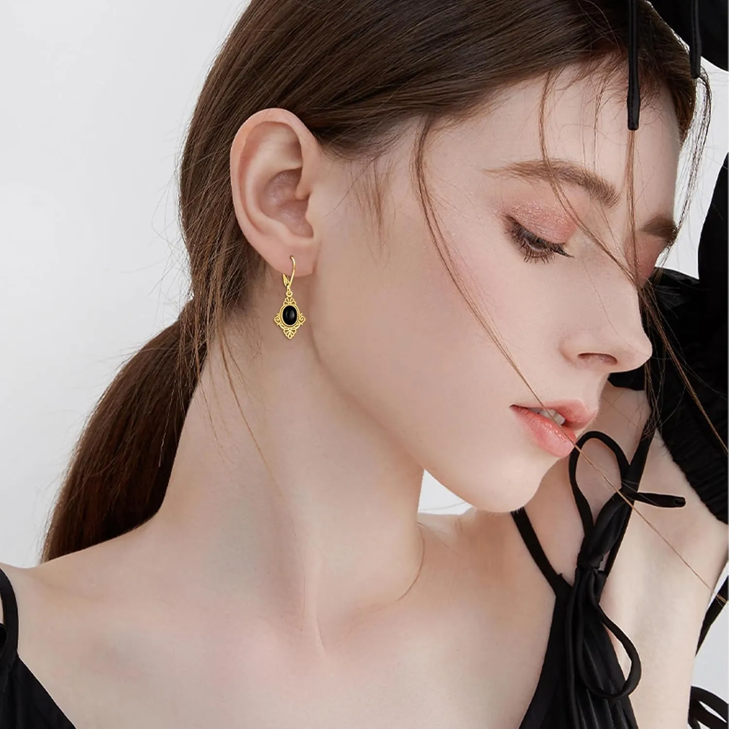 Black Onyx Earrings Sterling Silver 18K Yellow Gold Plated Filigree Boho Dangle Earrings Jewelry Gifts for Women Girls