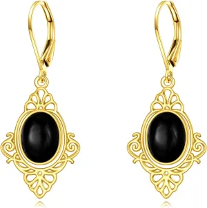 Black Onyx Earrings Sterling Silver 18K Yellow Gold Plated Filigree Boho Dangle Earrings Jewelry Gifts for Women Girls