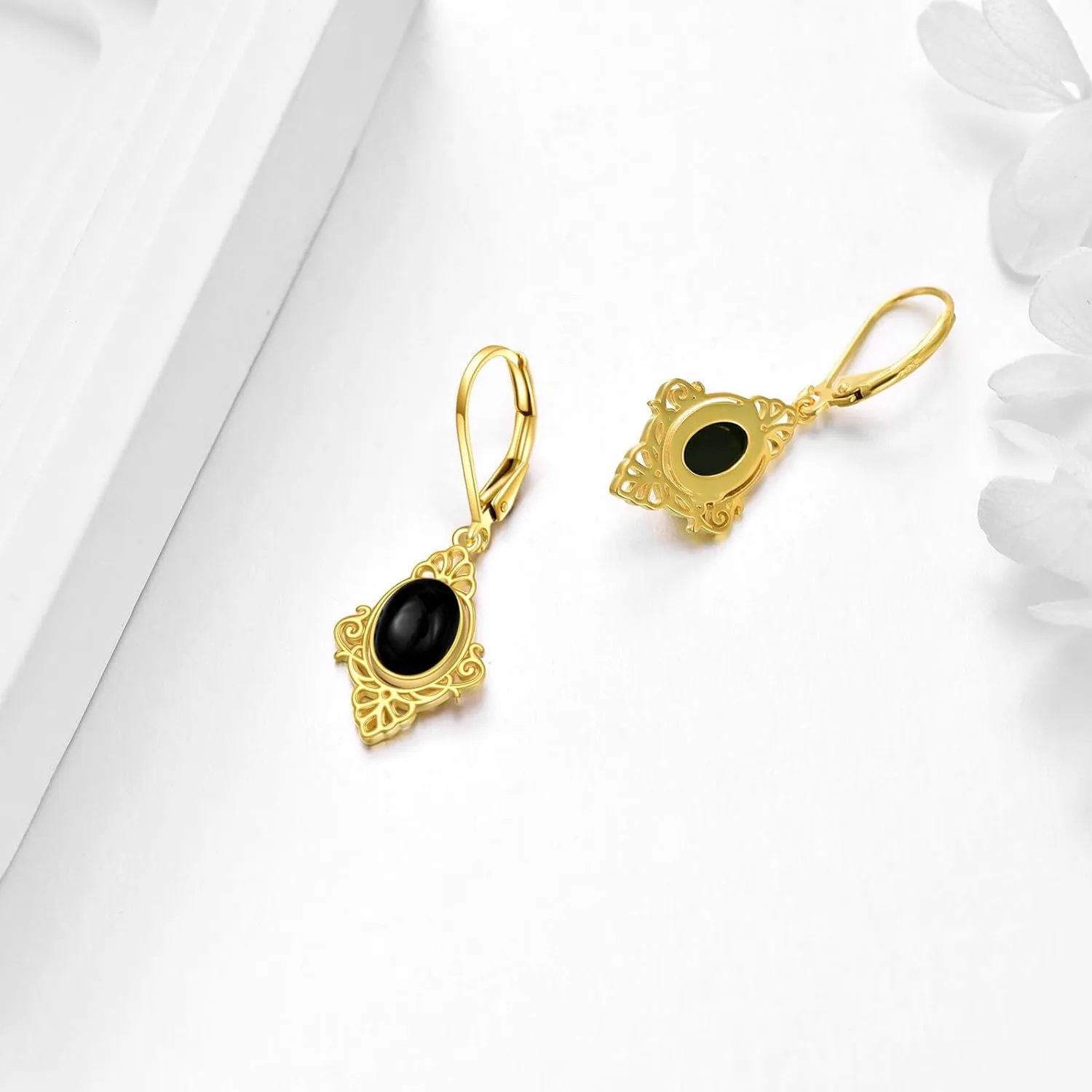 Black Onyx Earrings Sterling Silver 18K Yellow Gold Plated Filigree Boho Dangle Earrings Jewelry Gifts for Women Girls