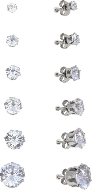 Bling'ed Out Unisex 18K Gold Plated CZ Stud Stainless Steel Earrings w/Simulated Diamond Round Cubic Zirconia Crystals - Ear Stud Set6 Pairs) - 850 SStud