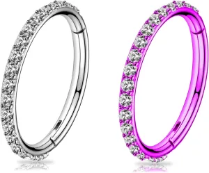 BLISI 2PCS G23 Titanium Nose Rings Hoop 18G 16G Clear CZ Lined Hypoallergenic Conch Helix Cartilage Daith Earrings Hoop 8mm 10mm Septum Rings Silver and Gold Lip Hinged Segment